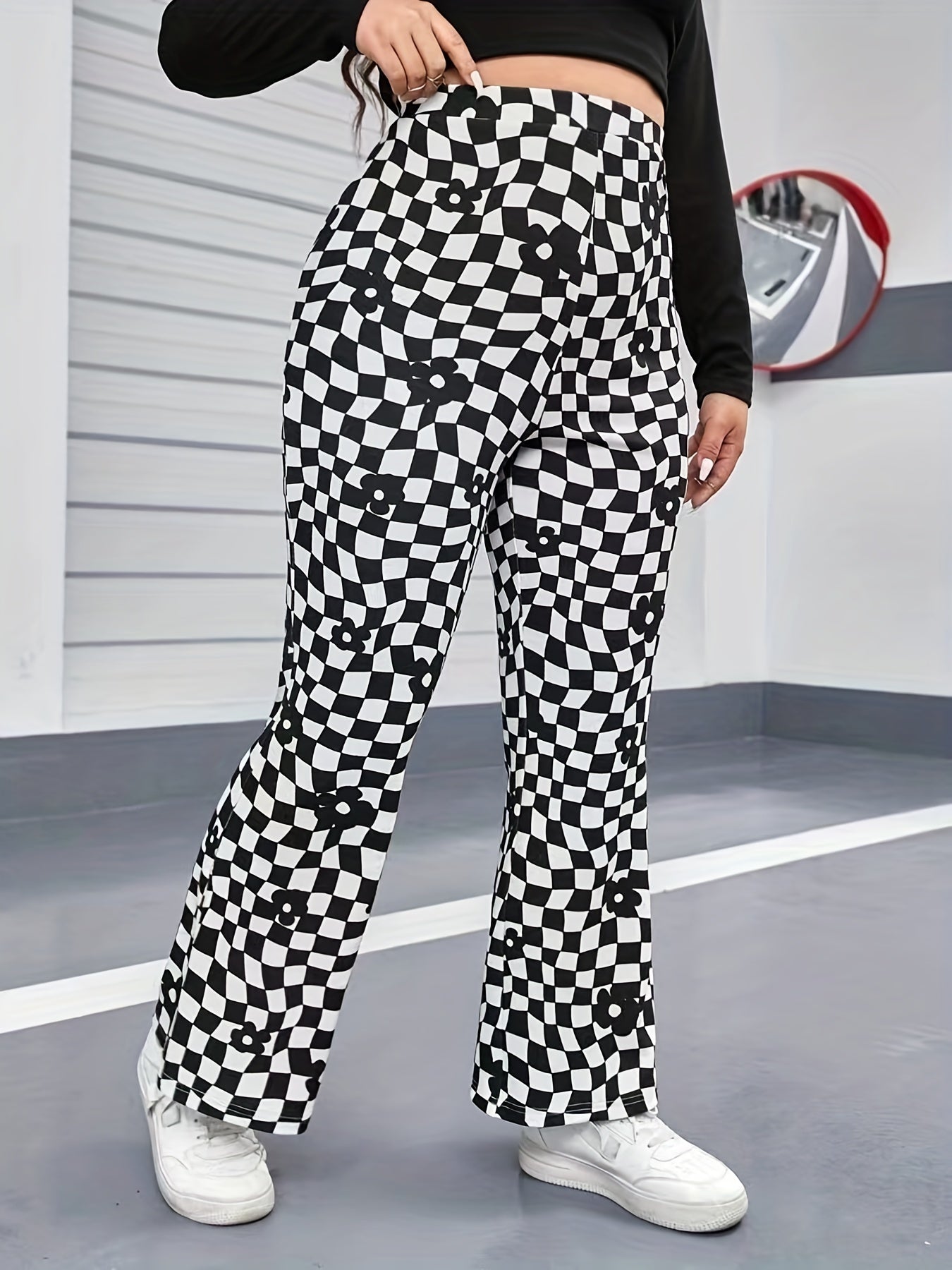 Floral & Checkered Print Flared Leg High Rise Pants Plus Size Y2K