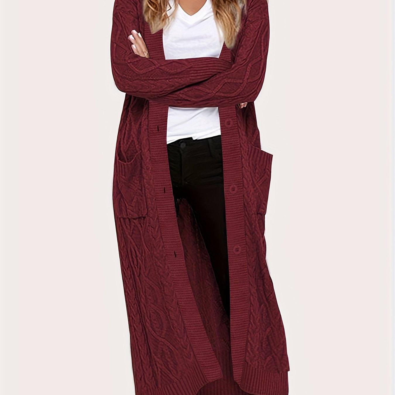  Cable Long Sleeve Stretch Sweater Cardigan With Pockets