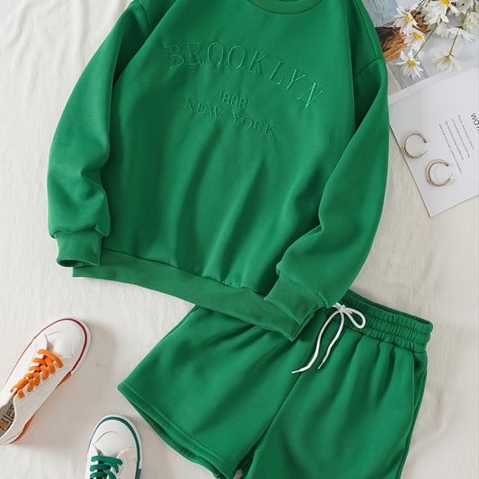 Casual Letter Print Sweatshirt & High Waist Shorts Set