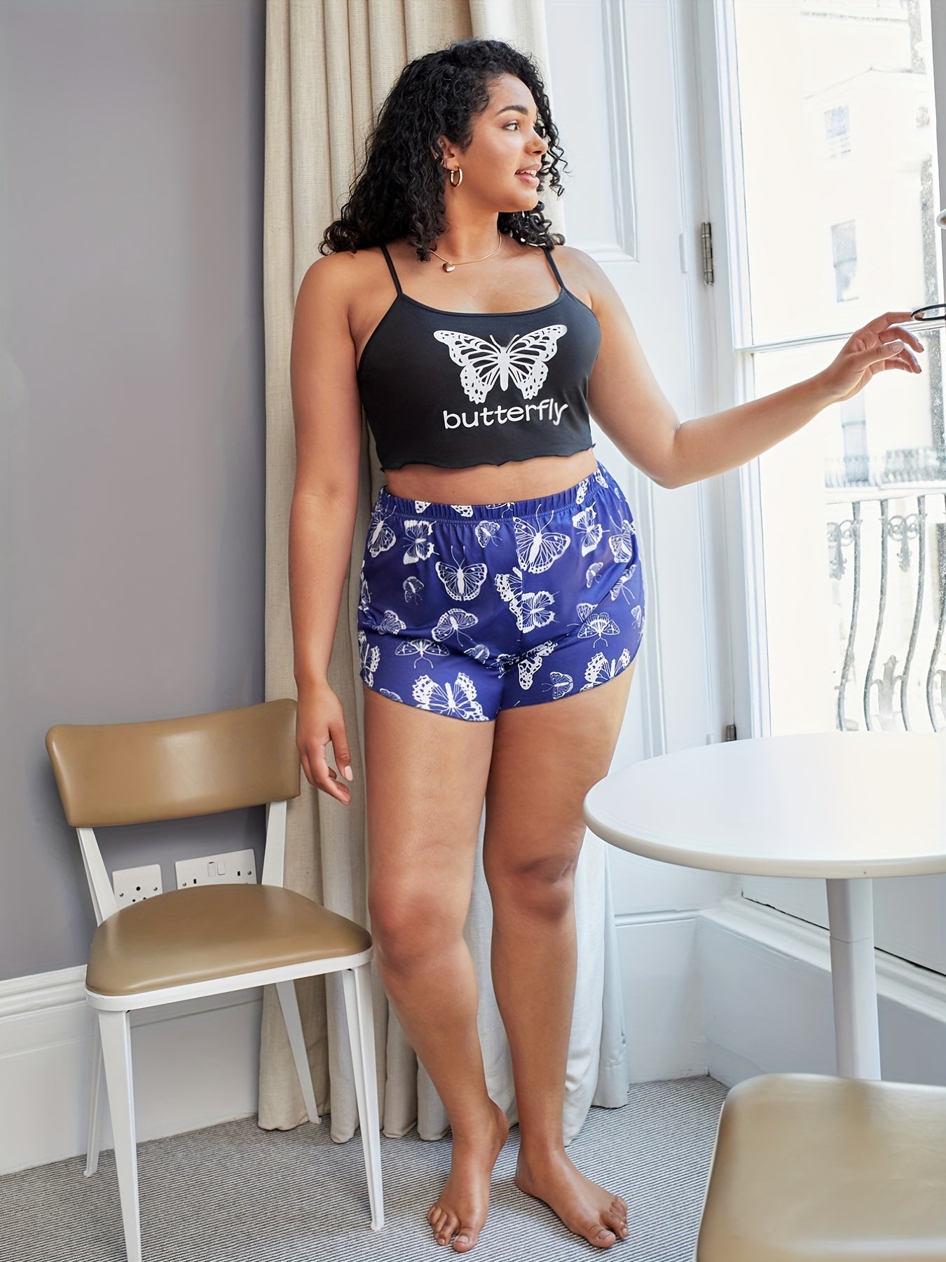  Y2K Butterfly & Letter Print Crop Top & Shorts Pajama Set