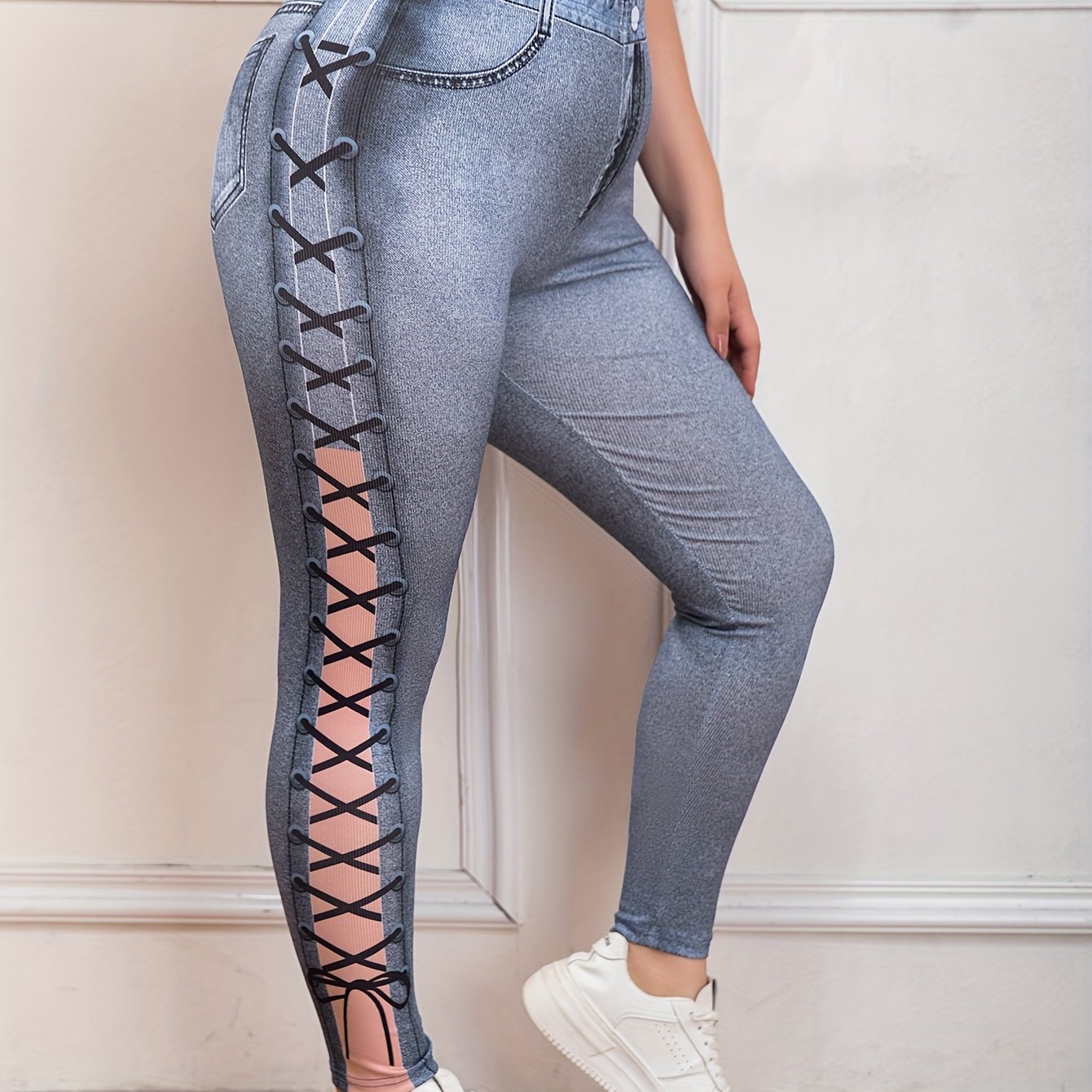 Women's Plus Denim Print High Waisted Skinny Leggings