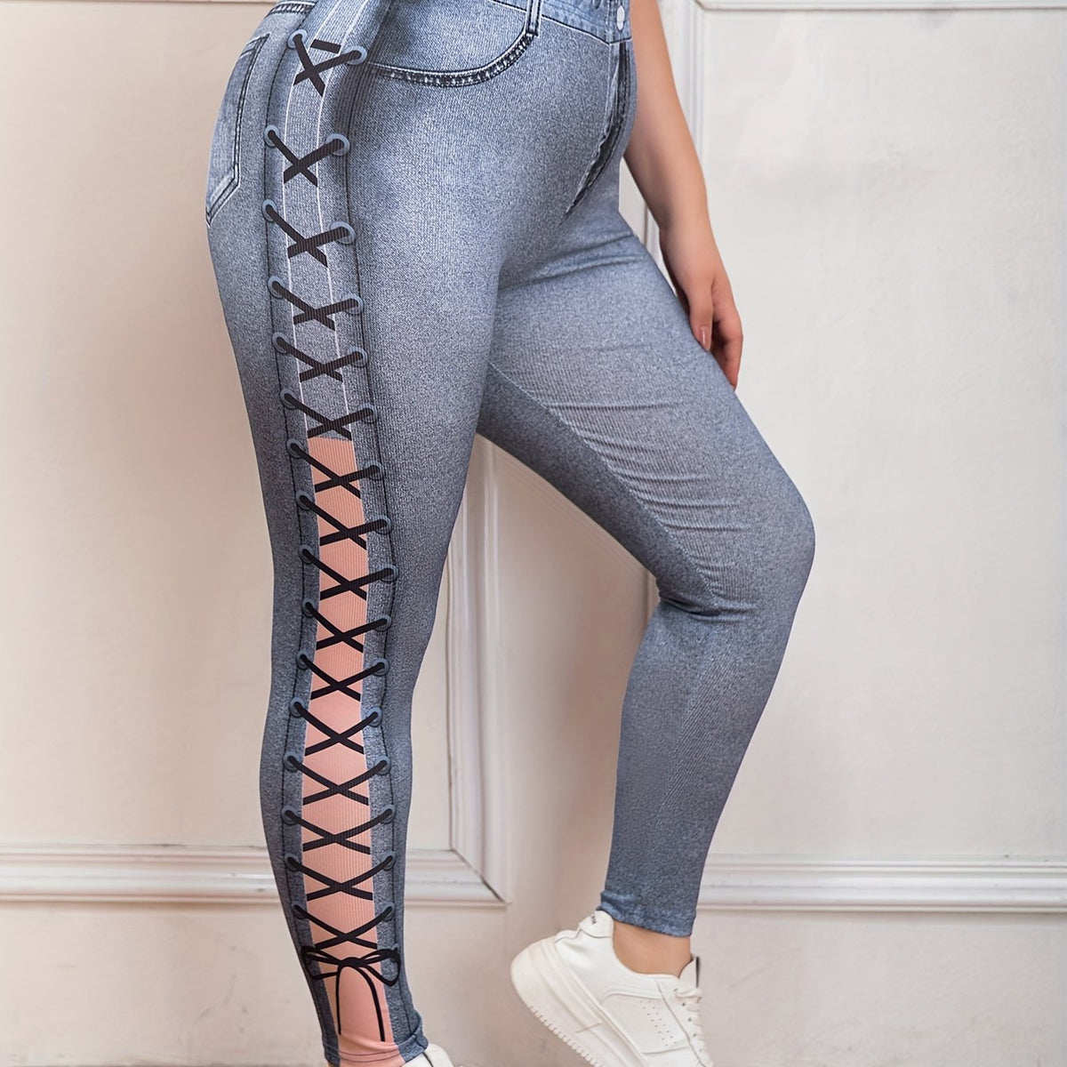 Women's Plus Denim Print High Waisted Skinny Leggings