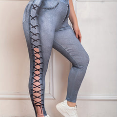 Women's Plus Denim Print High Waisted Skinny Leggings