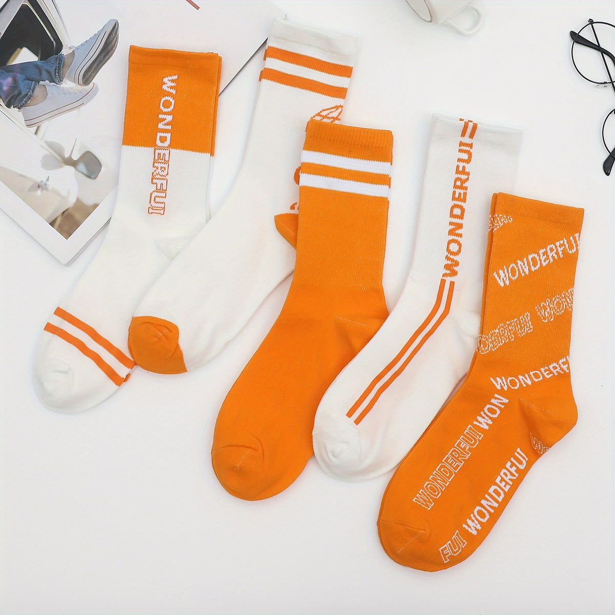 5 Pairs Letter Print Sports Mid Tube Socks Women's Stockings & Hosiery