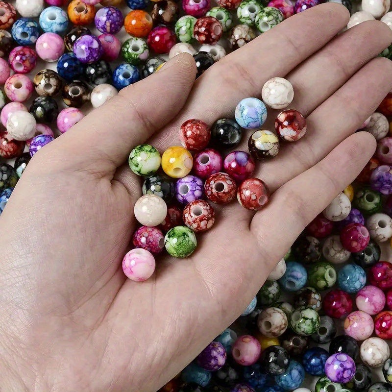 100pcs 8mm Cracked Acrylic Spacer Beads Ink Printed Ceramic Pattern Round Beads
