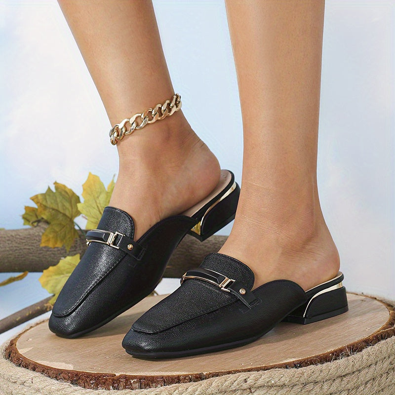 Chunky Heeled Mules Square Toe Loafers Slip-On Backless Slide Shoes