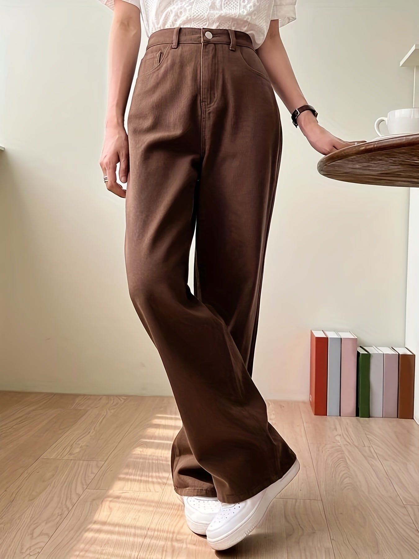 Brown Straight Jeans Non Stretch Casual Denim Pants Women's Jeans