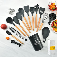 11pcs Silicone Wooden Handle Cooking Set Kitchen Tools
