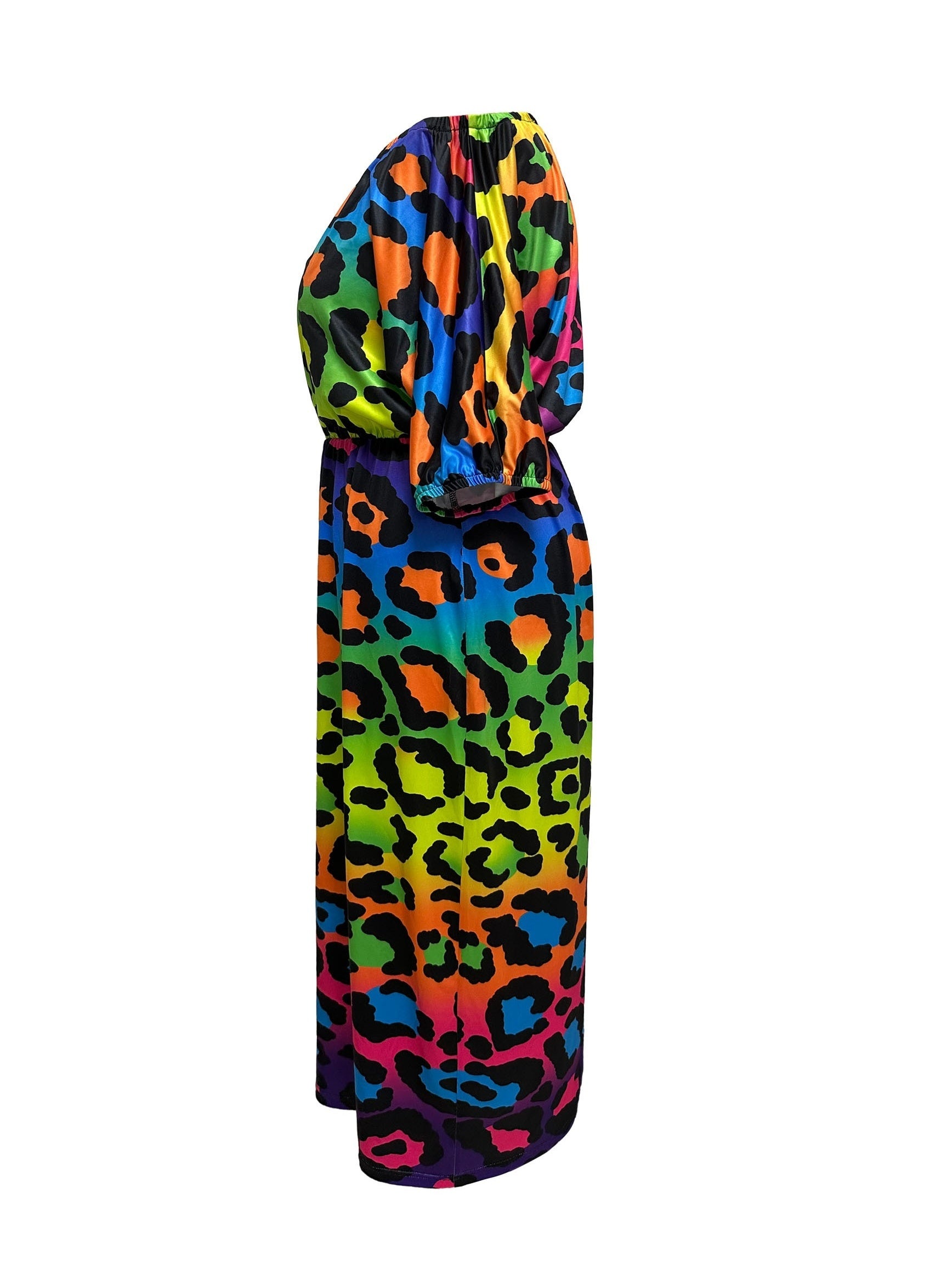 Colorblock Leopard Print Maxi Dress with Bubble Sleeves