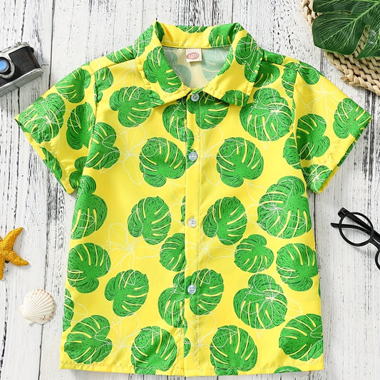Boys Leaves Print Short Sleeves Shirt for Vacation Beach