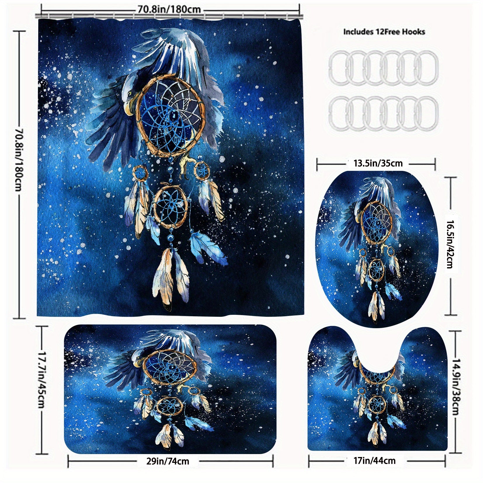 Eagle Feather Bathroom Set with Shower Curtain & 12 Hooks