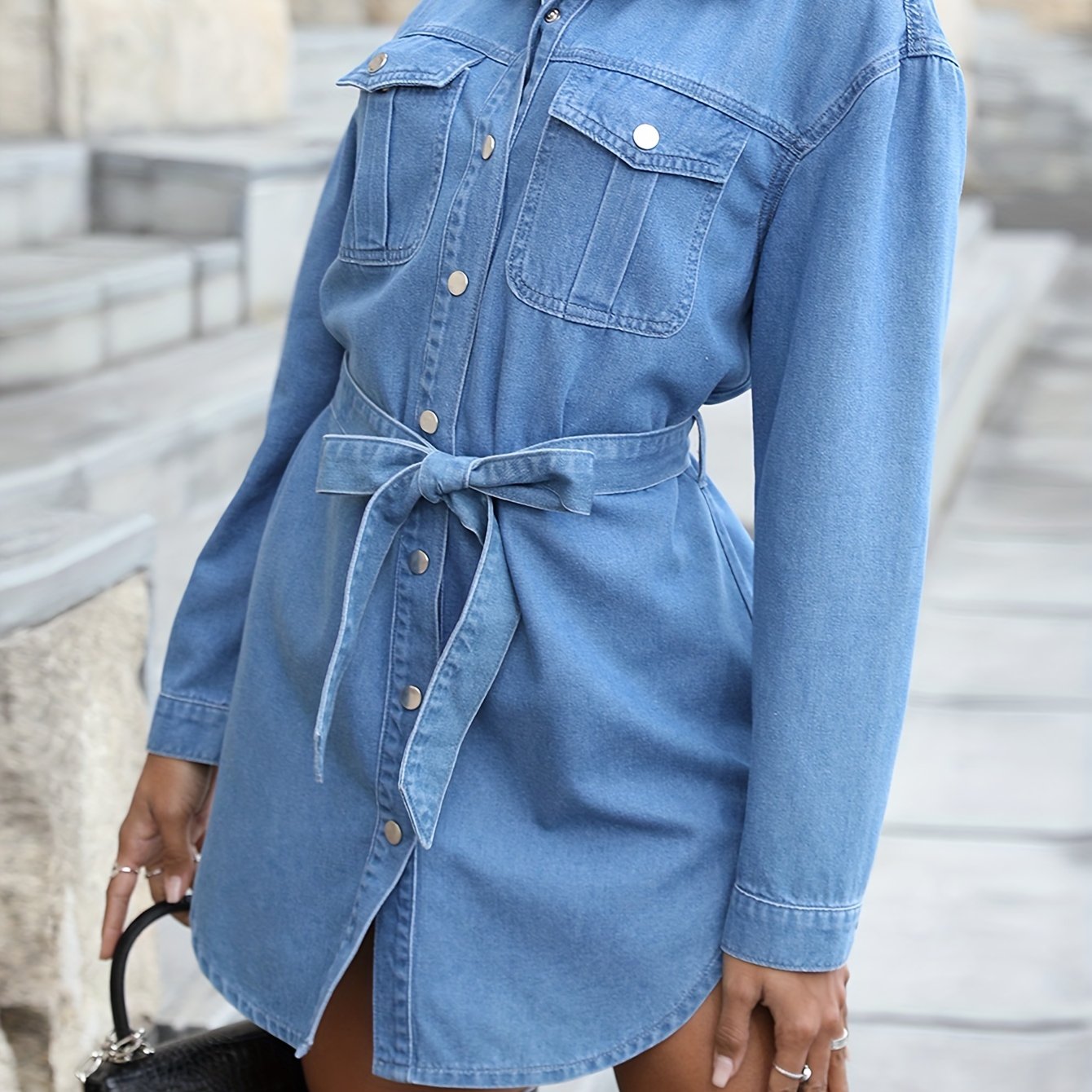 Long Sleeves Long Denim Jacket Single Breasted Button Lapel Denim Coat