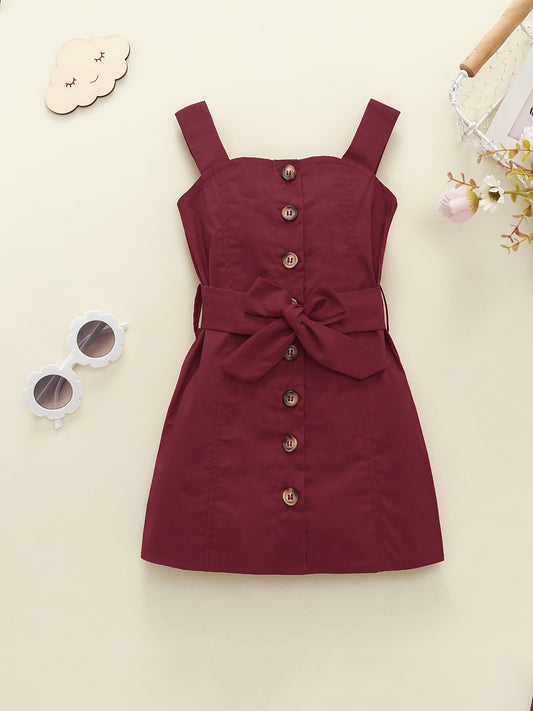 Girls Casual Button Up Cami Dress With Bow Belt