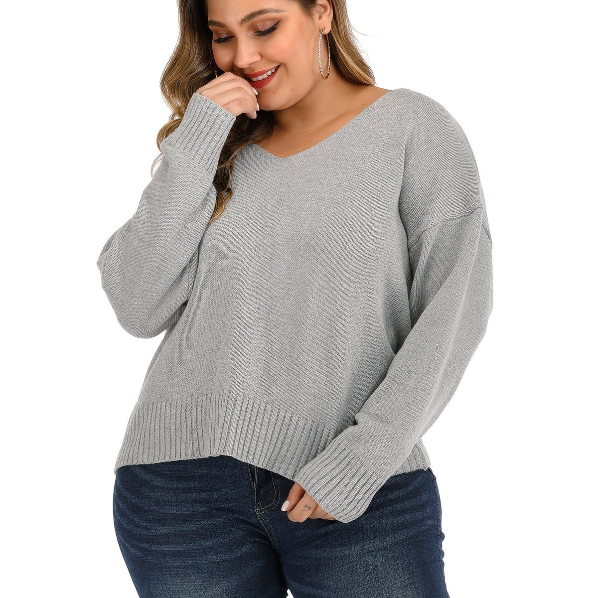  Solid V Neck Pullover Sweater Women's Plus Casual Sweater