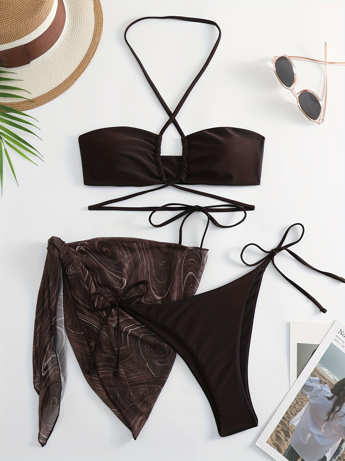 Lace Up Bikini Set & Print Cover Up Wrap