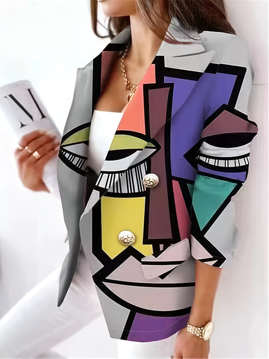 Cartoon Print Double Breasted Blazer Casual Lapel Long Sleeve Blazer