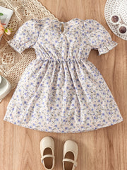 Girls Flower Print Puff Sleeve Dress for Party
