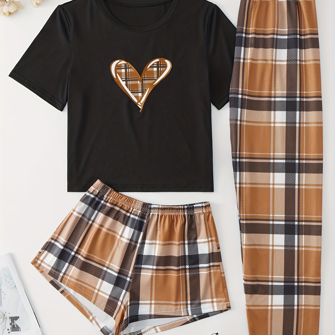 Heart Print Pajama Set Short Sleeve Crew Neck Top & Plaid Shorts & Lounge Pants