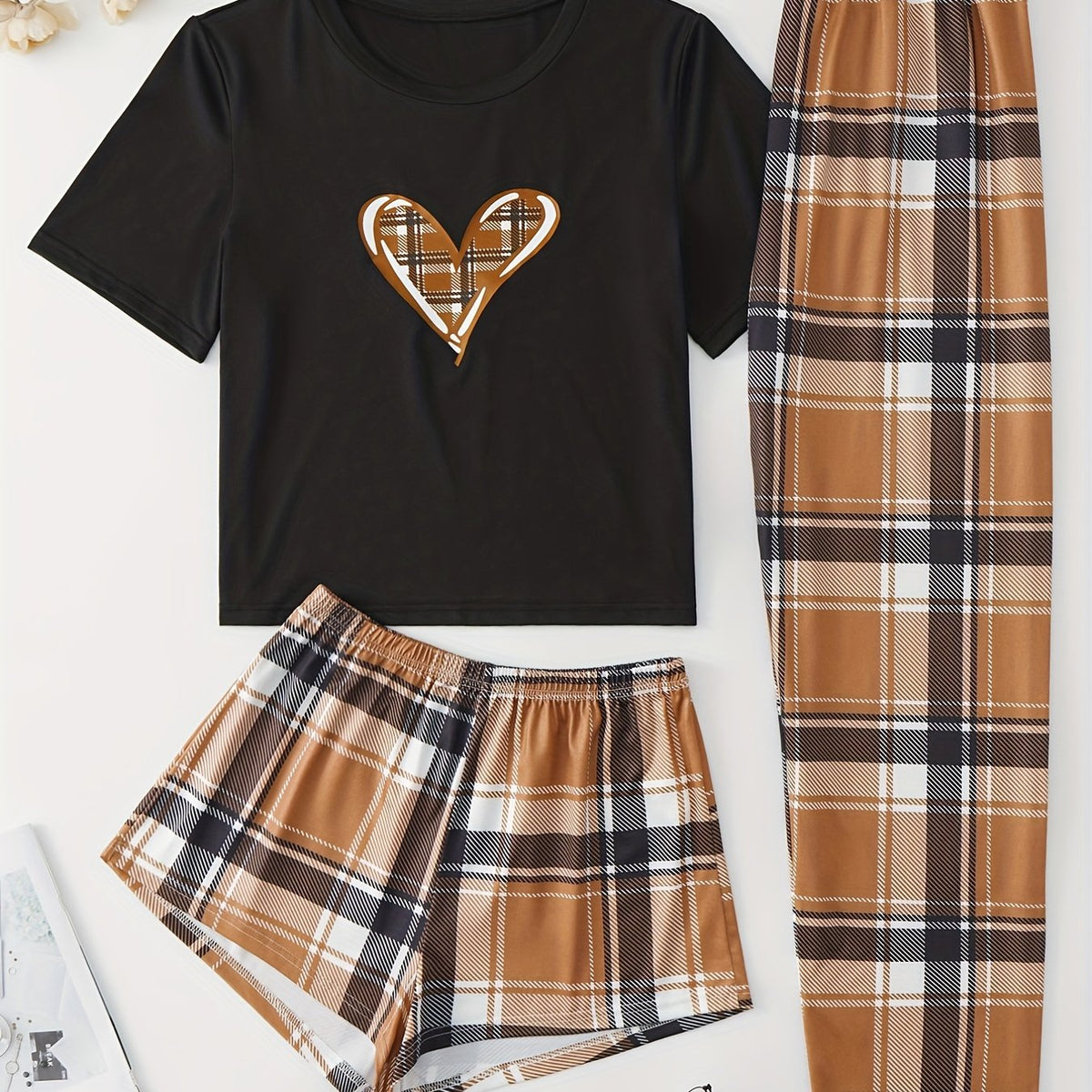 Heart Print Pajama Set Short Sleeve Crew Neck Top & Plaid Shorts & Lounge Pants