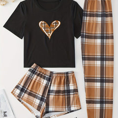 Heart Print Pajama Set Short Sleeve Crew Neck Top & Plaid Shorts & Lounge Pants