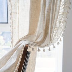 Boho Pure Linen Crochet Semi Blackout Curtain American Farmhouse Style