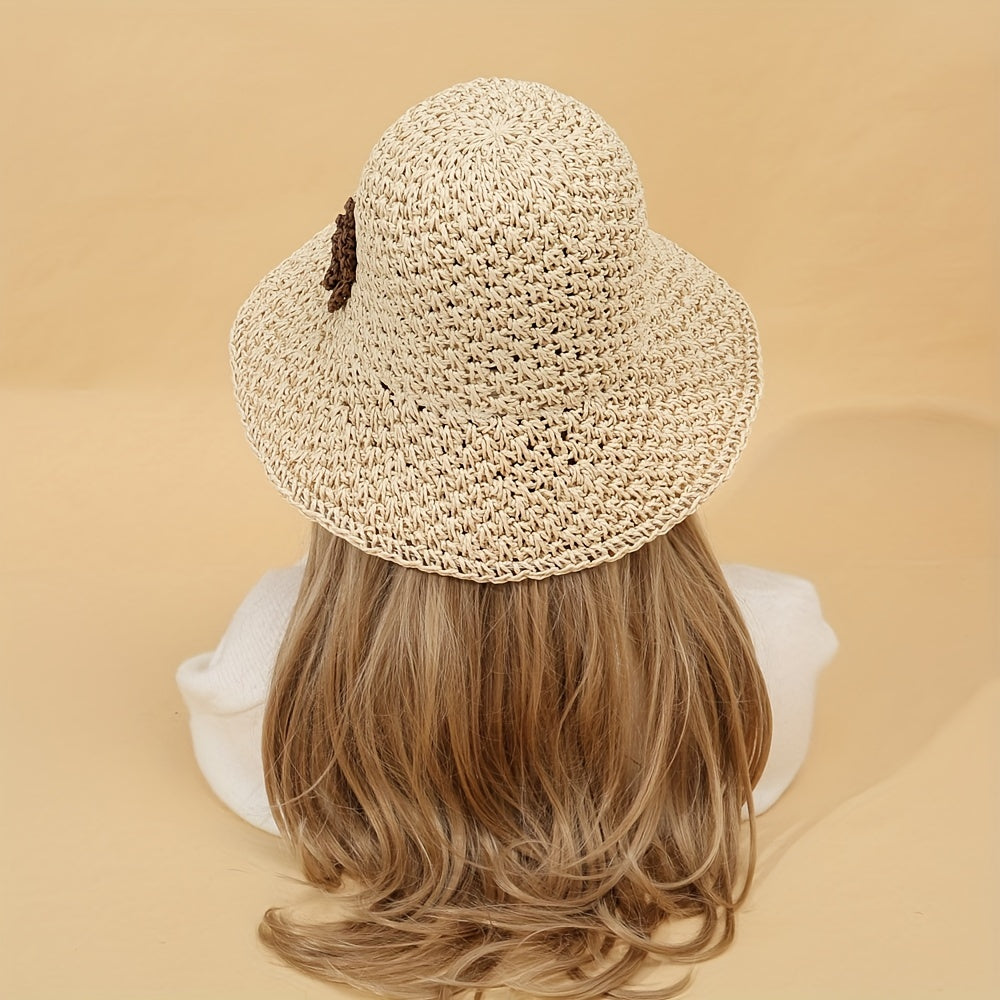 Beige Crochet Straw Bucket Hat Flower Decor Hollow Breathable