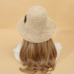 Beige Crochet Straw Bucket Hat Flower Decor Hollow Breathable