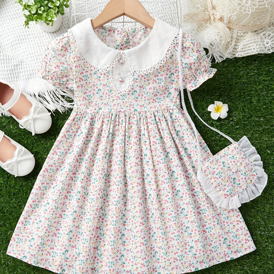 Toddler Girls Casual Short Sleeve Lapel Floral Dress & Matching Bag