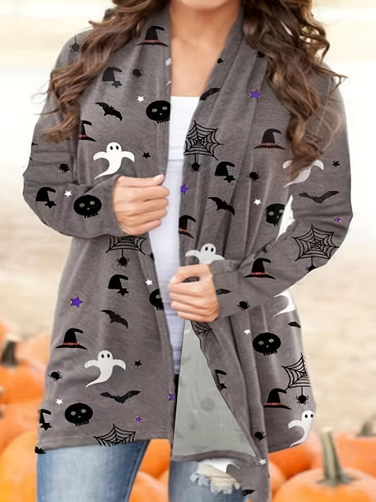 Women's Plus Ghost & Pumpkin Print Long Sleeve Cardigan