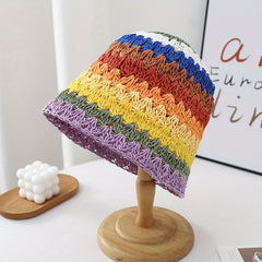 Rainbow Striped Bucket Hat Crochet Straw Sun Hat
