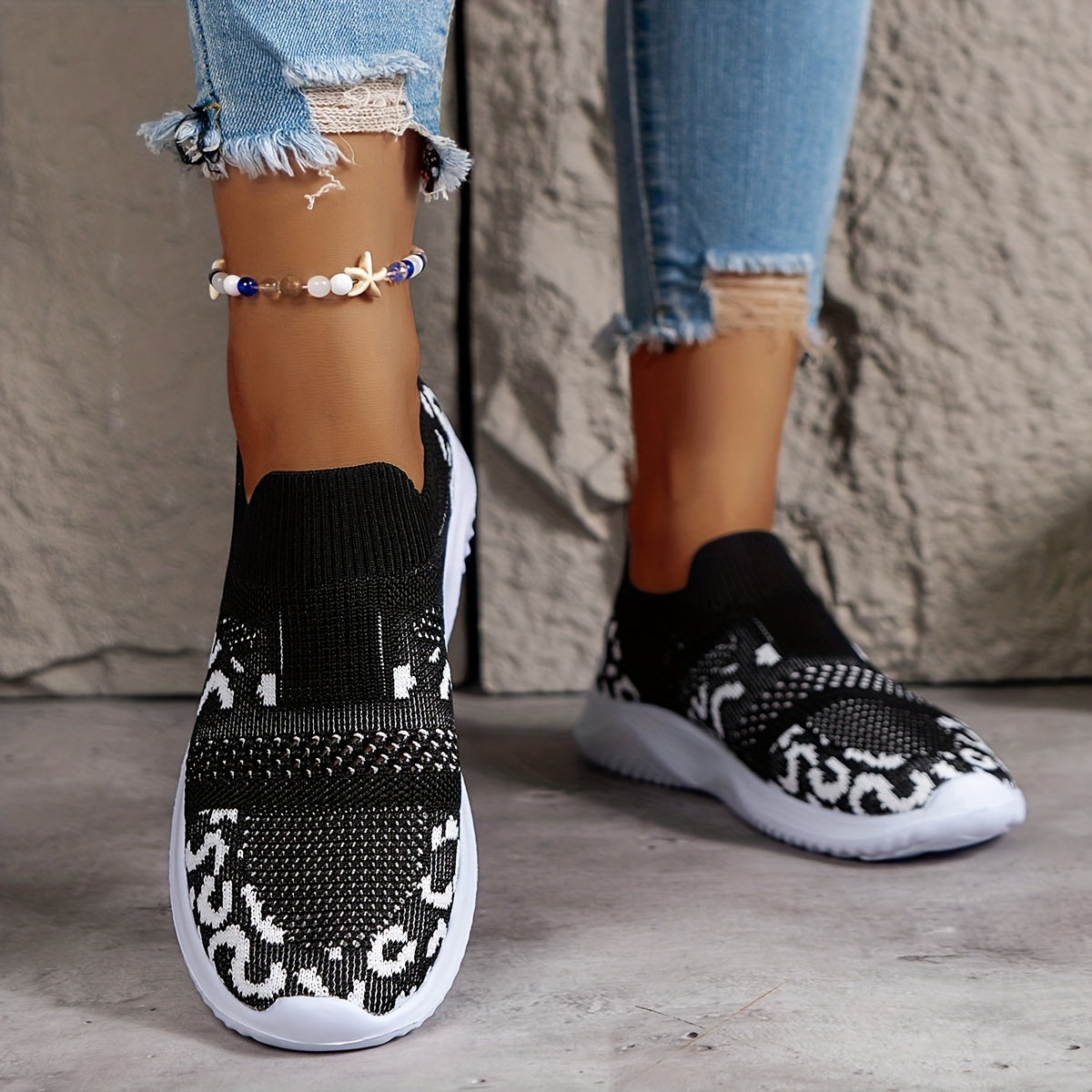 Leopard Print Slip on Walking Shoes Soft Sole Knit Casual Sneakers