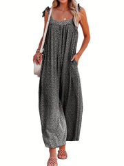 Casual Square Neck Sleeveless Jumpsuit Wide Leg Tie Pockets