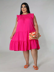  Solid Ruffle Sleeve Round Neck Smock Dress