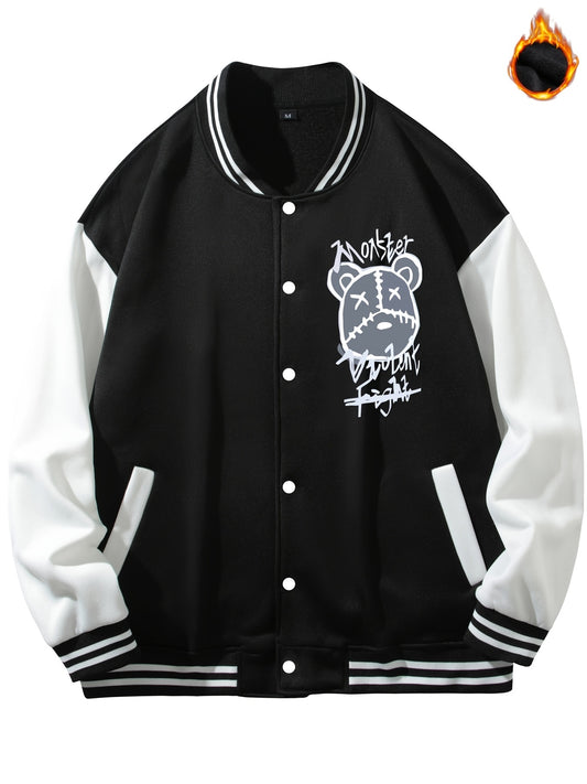 Men's Casual Warm Baseball Jacket With Monster Graphic
