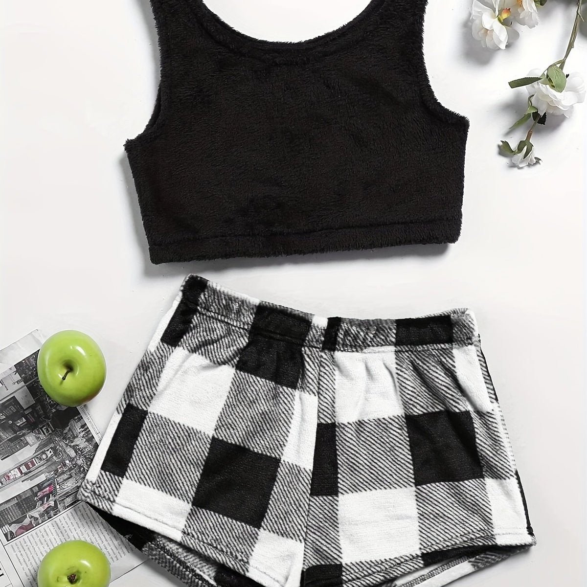 Fuzzy Lounge Set Crew Neck Tank Top & Plaid Shorts Women's Loungewear