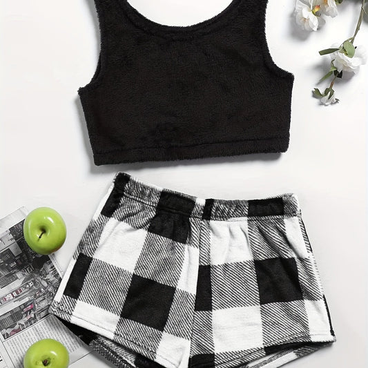 Fuzzy Lounge Set Crew Neck Tank Top & Plaid Shorts Women's Loungewear