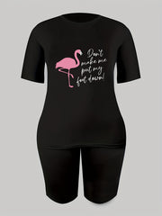 Flamingo Print T-shirt & Solid Shorts Set Women's Activewear
