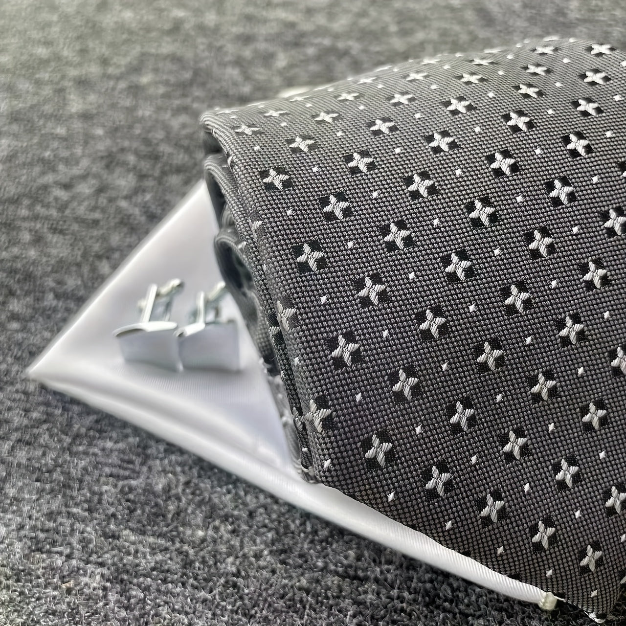 Vintage Gray Tie Pocket Square & Cufflink Set Business Party Wedding