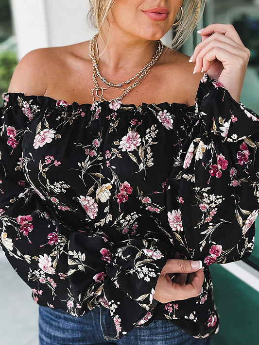  Off Shoulder Floral Print Blouse Women's Plus Semi Sheer B