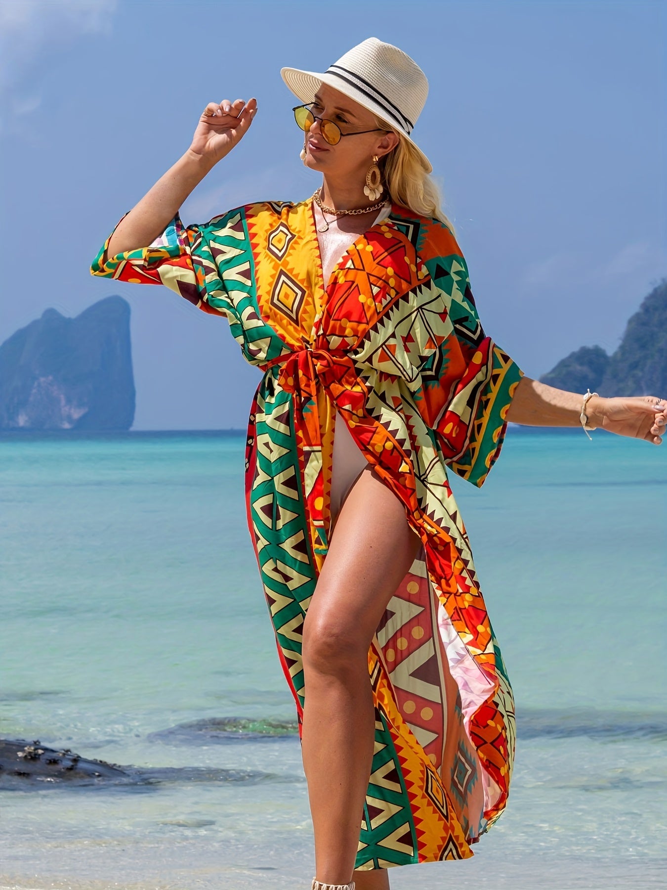  Tribal Print Half Sleeve V Neck Cover Up Robe
