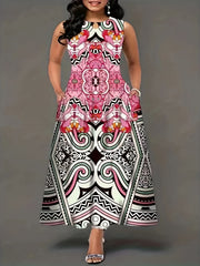  Geometric Print Cut Out Round Neck Tank Dress