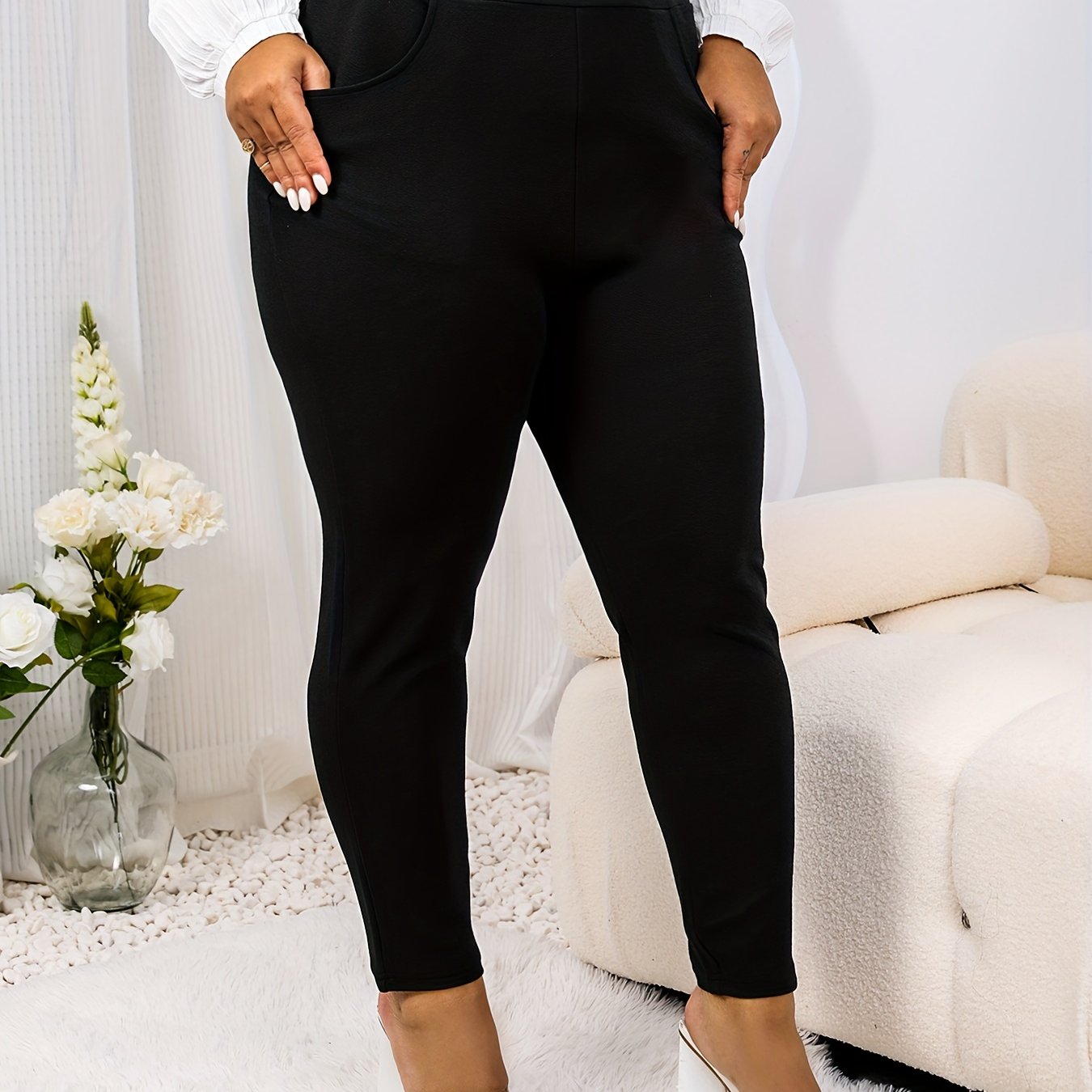  Solid High Rise Stretch Skinny Pants with Pockets