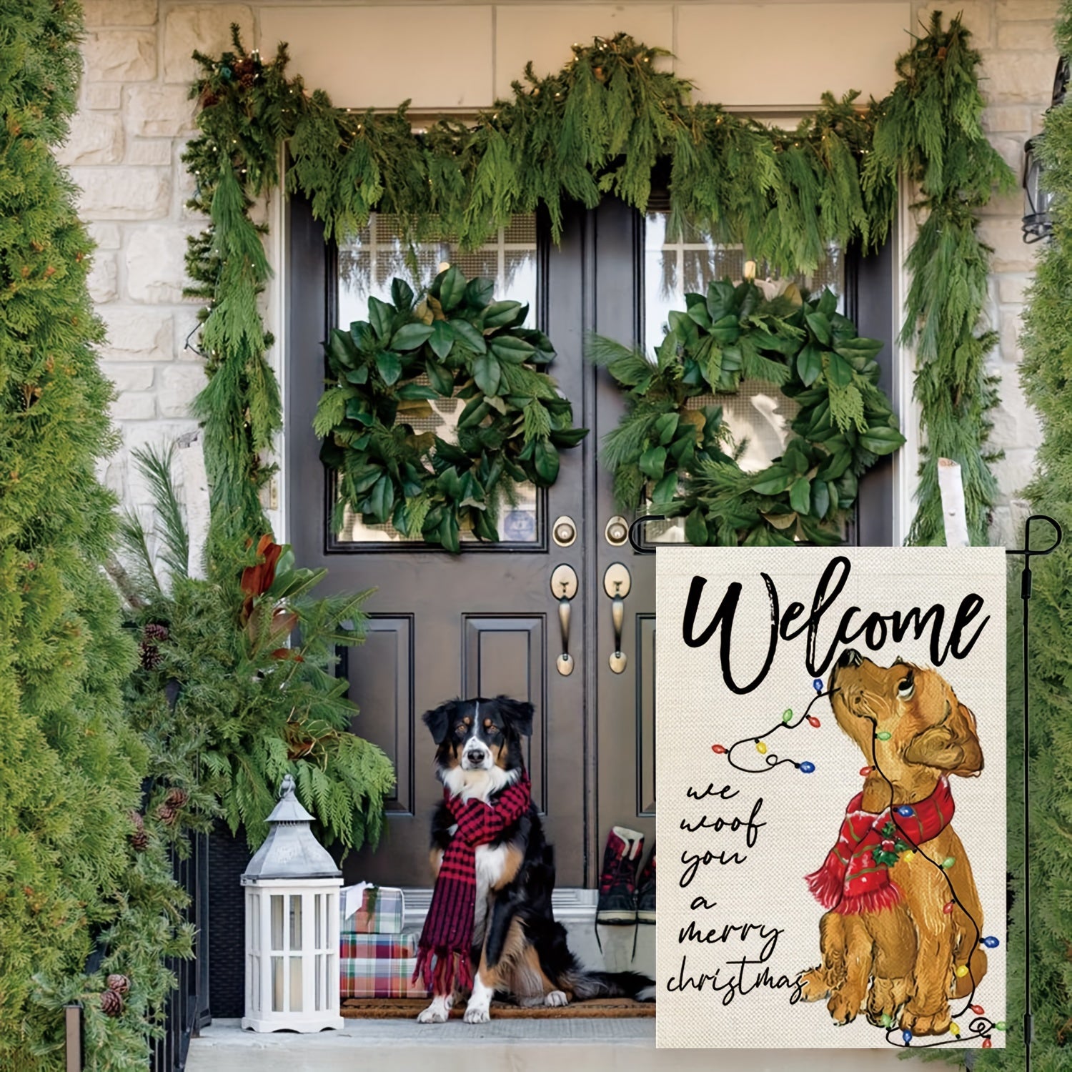 Christmas Dog Garden Flag Double Sided Golden Retriever Burlap Winter Decoration