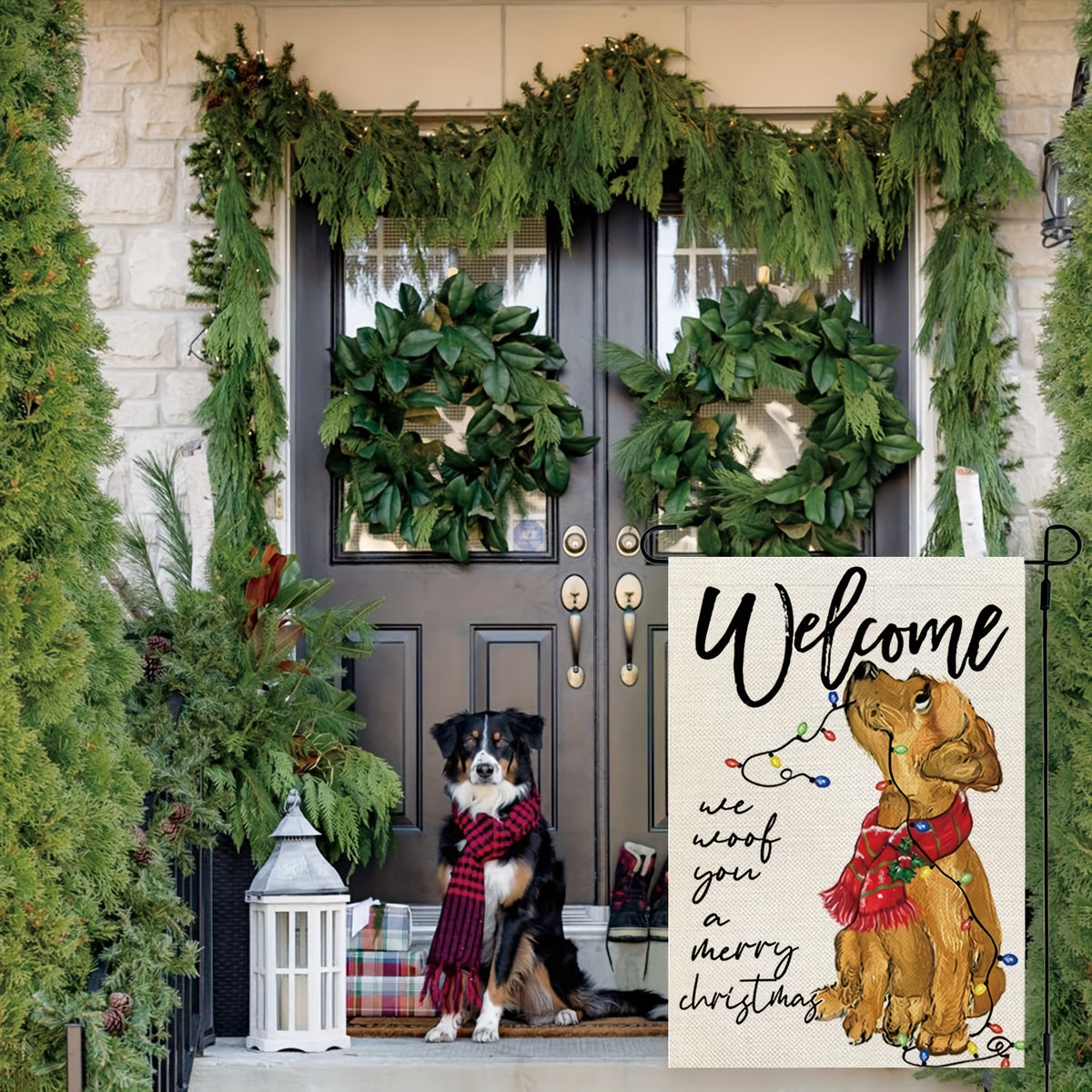 Christmas Dog Garden Flag Double Sided Golden Retriever Burlap Winter Decoration