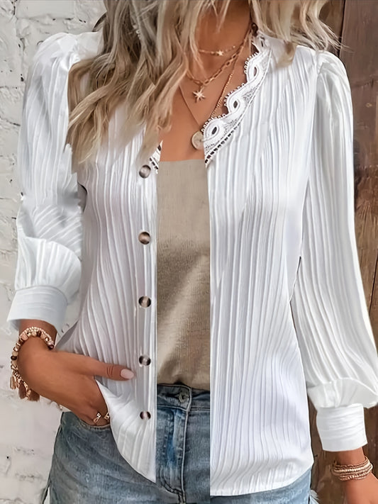  Solid Ribbed Lace Trim V Neck Top