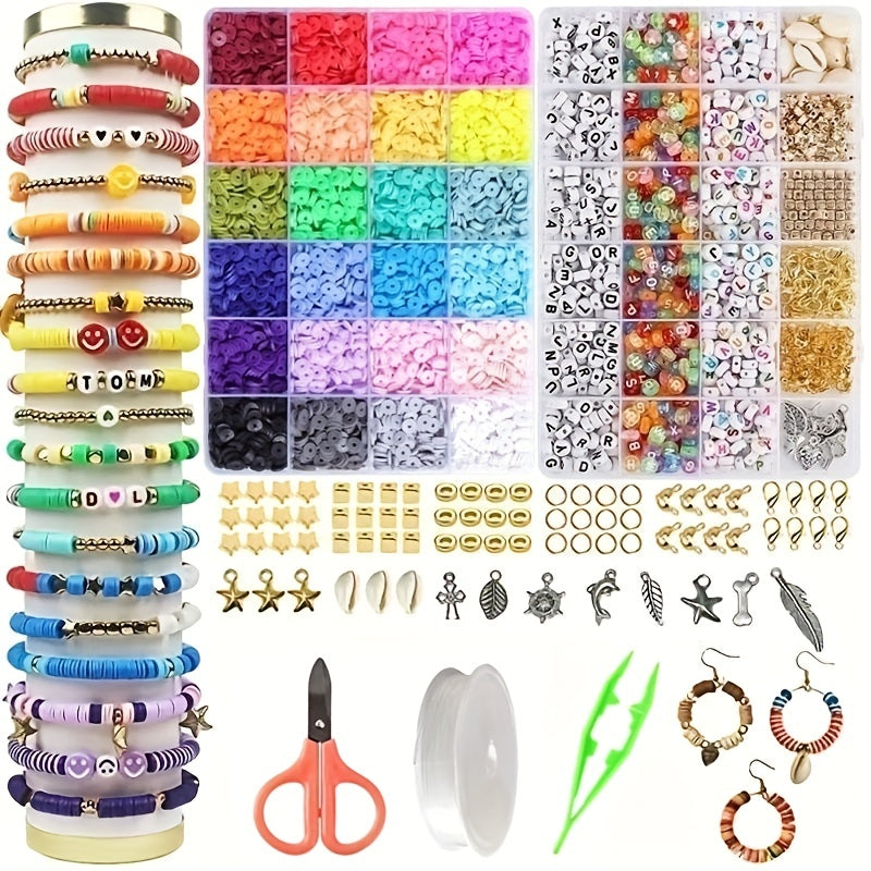 Polymer Clay Beads Kit 24 Colors with Letters Beads & Elastic String Charms
