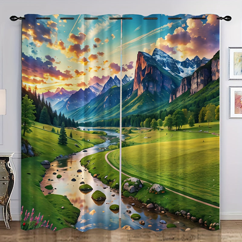2pcs River Mountain Meadow View Curtain Window Curtain