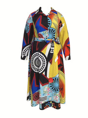 Geometric Print Long Sleeve Belted Dress