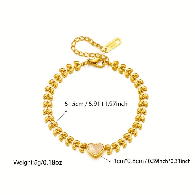 Golden Tone Heart Charm Bracelet Shell Mosaic Stainless Steel Women