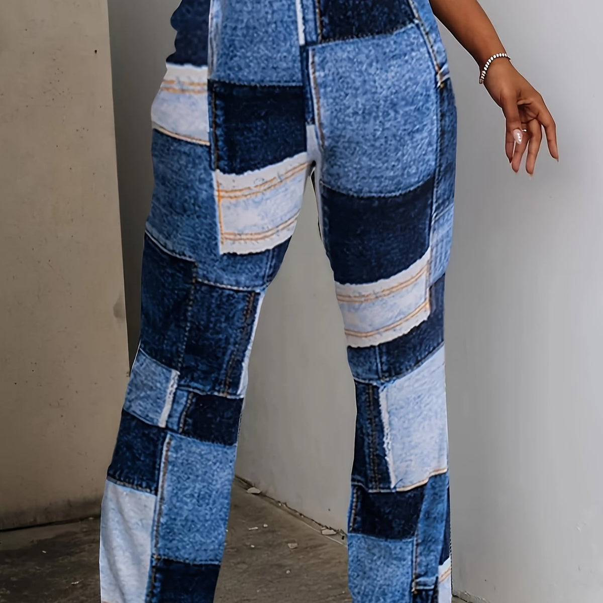  Denim Print High Waist Flared Leg Stretch Trousers